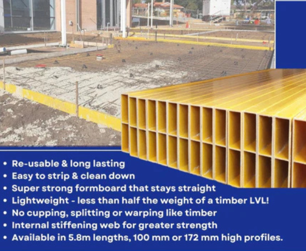 Construction site with formwork and product features listed on a blue banner